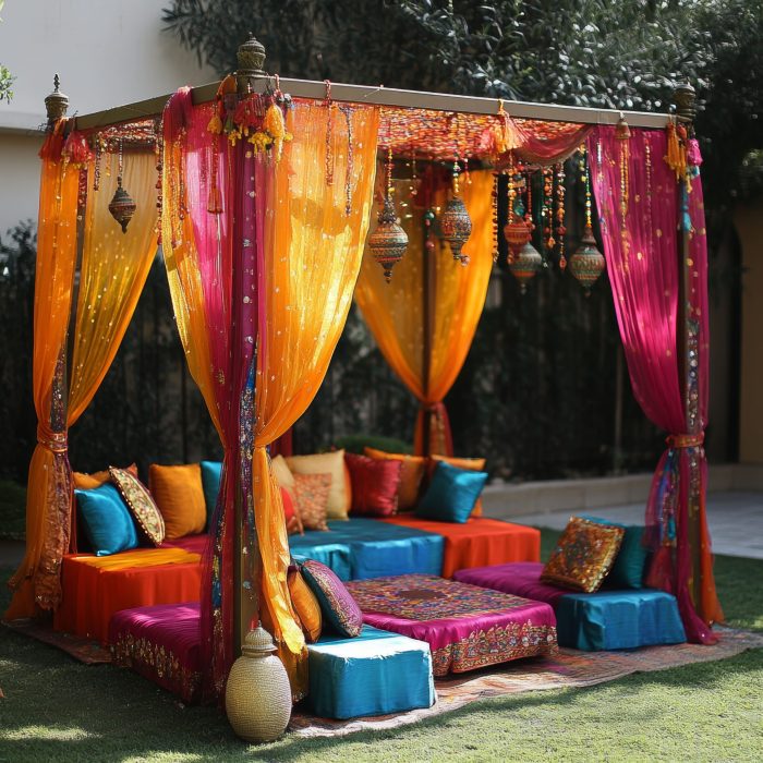 colorful-indian-wedding-mandap-decoration-with-pillows-lanterns